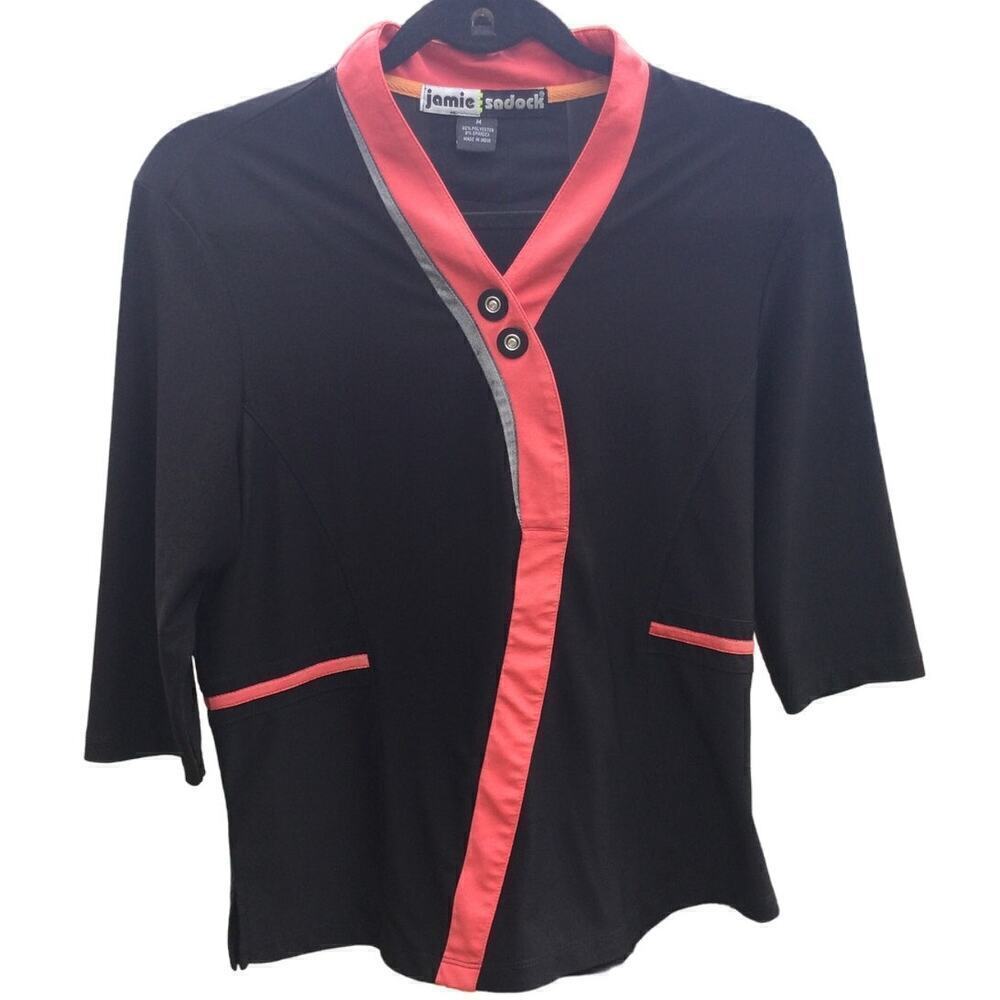 Jamie Sadock womens top M medium black red button lagenlook artsy golf athletic